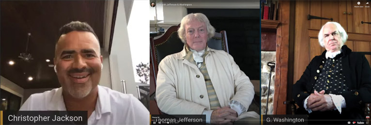 A screenshot of virtual conference calls with actor Christopher Jackson and historic re-enactors