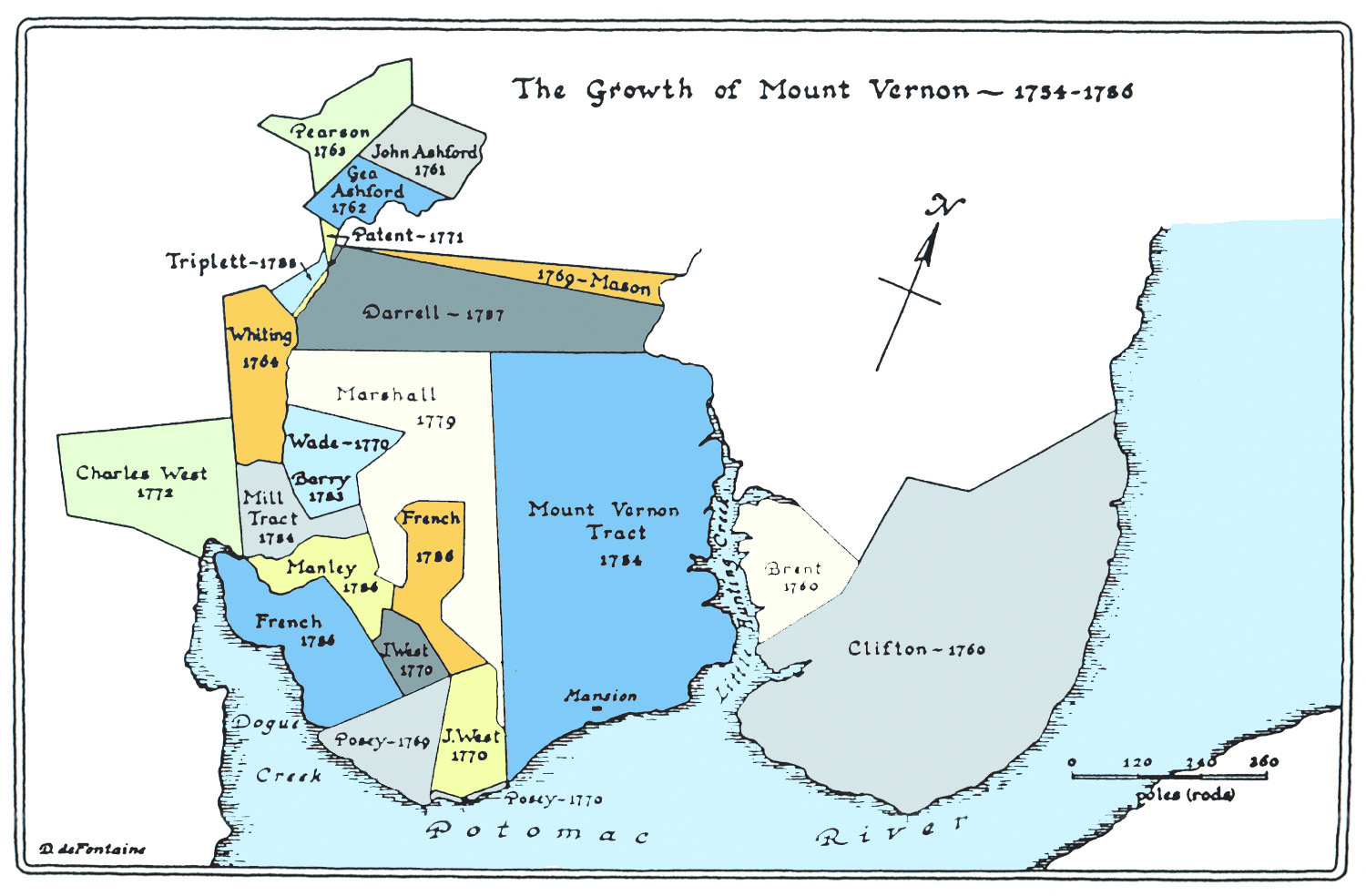 Illustration that shows land purchases by George Washington between 1754 and 1786.