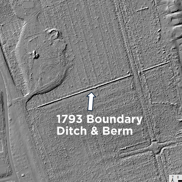 Digital models of the ground surface produced with LiDAR technology show the 1793 boundary ditch and berm.