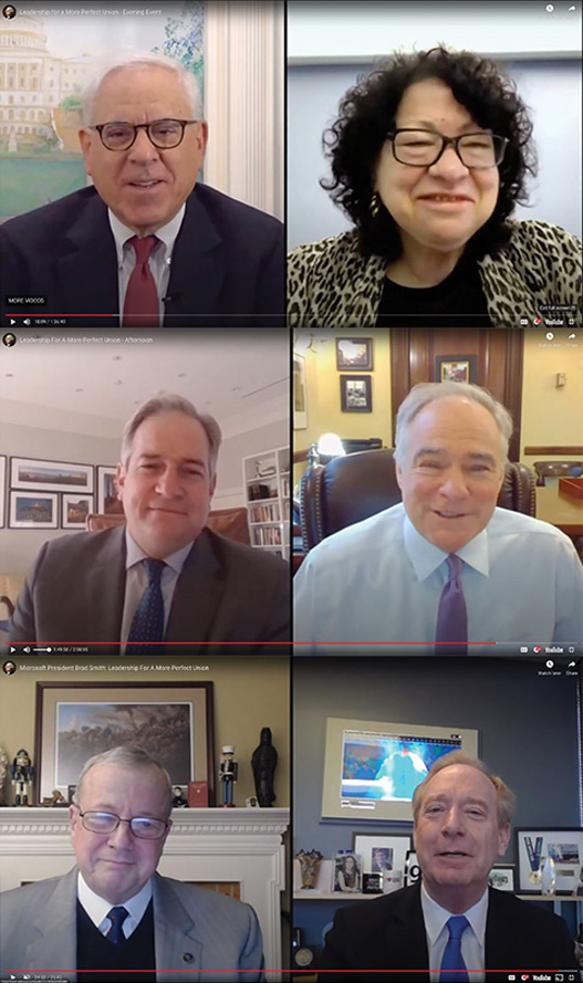 Livestream capture of David Rubenstein, Sonia Sotomayor, Douglas Bradburn, Tim Kaine, John R. Allen, Brad Smith