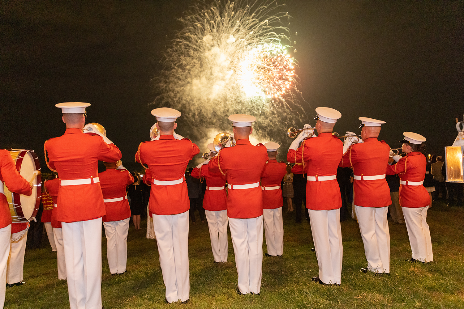 The United States Marine Drum and Bugle Corps performed during evening fireworks.